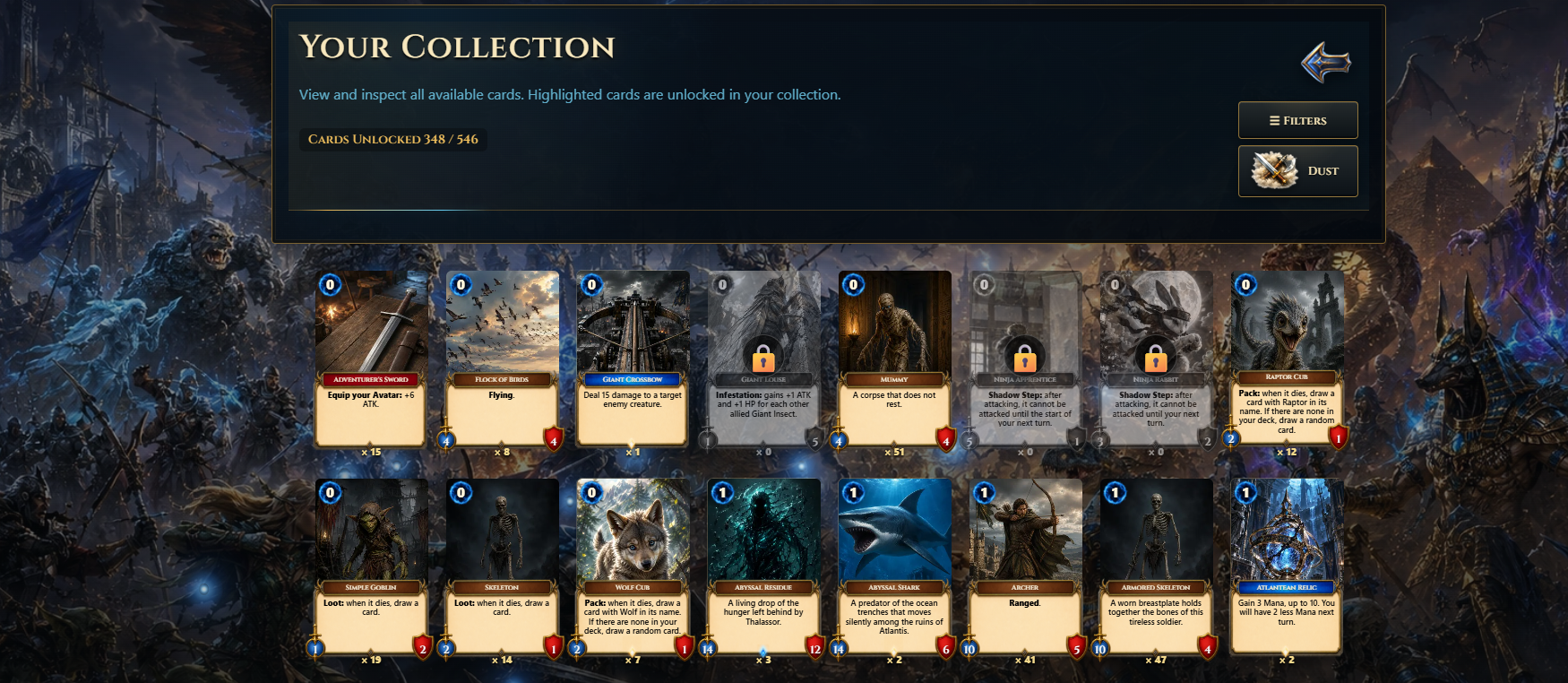 Collezione: carte sbloccate, filtri e polvere (interfaccia inglese)