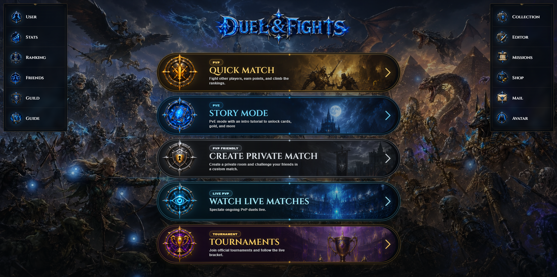Menu di gioco: PvP, storia, partite private, spettatori e tornei (interfaccia inglese)